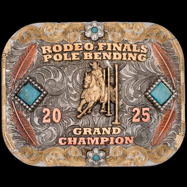 The Antebellum North Custom Belt Buckle has a unique frame with bronze floral overlays, engraved feathers and 4 turquoise stones. Personalize this design now!
